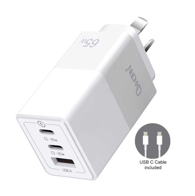 Oxhorn 65W GaN Type C fast Charger 3 Port 2xUSB-C 1xUSB-A