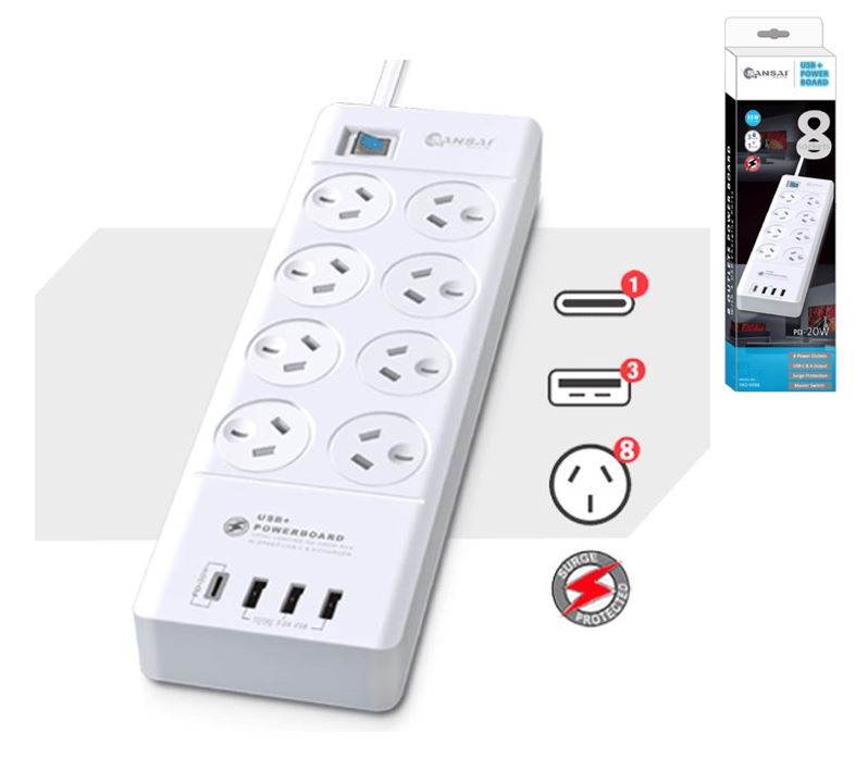 Sansai 8 Outlet 3*USB-A & 1*USB-C Powerboard Master On/Off