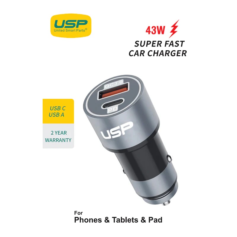 USP 43W Dual Port Car Charger (USB-C PD 25W + USB-A QC 3.0)
