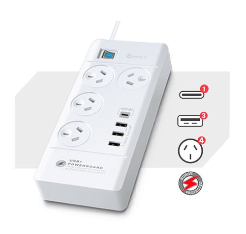 Sansai 4 Outlet 3xUSB-A & 1xUSB-C Powerboard Master On/Off
