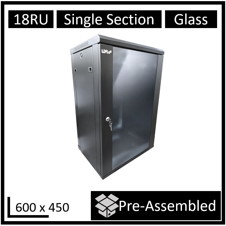 LDR Assembled 18U Wall Mount Cabinet (600mm x 450mm) Glass