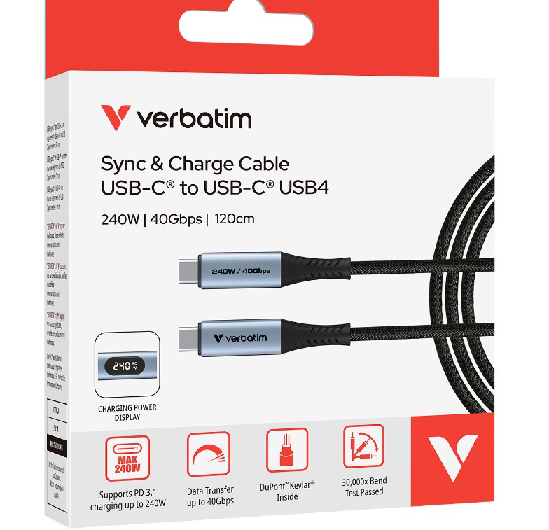 Verbatim Sync & Charge USB C to USB C 240W 40 Gbps Display